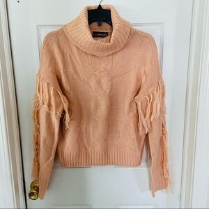 NWOT LU NYC peach cable knit fringe western cowl Neck sweater size Medium
